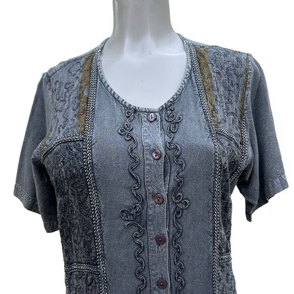 Lola P Boho Midi Dress Women's Small Gray Button Front Embroidered Bric a Brac - Picture 10 of 10